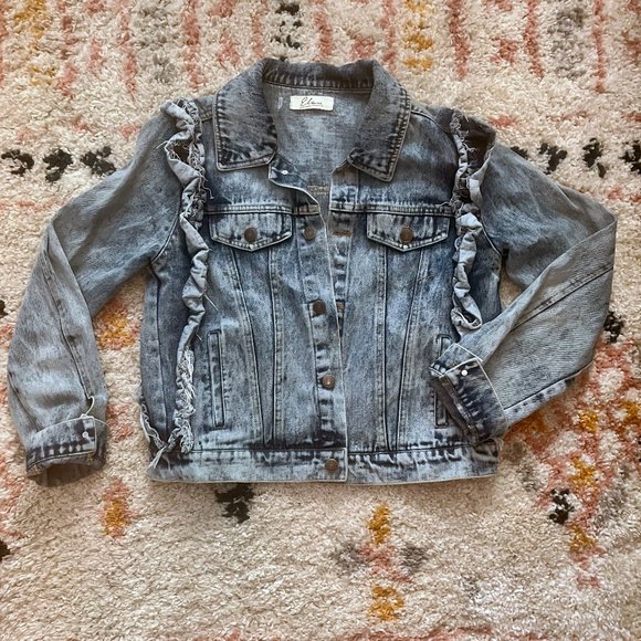 Elan Distressed Denim Jean Jacket with Ruffle Trim - Picture 1 of 3